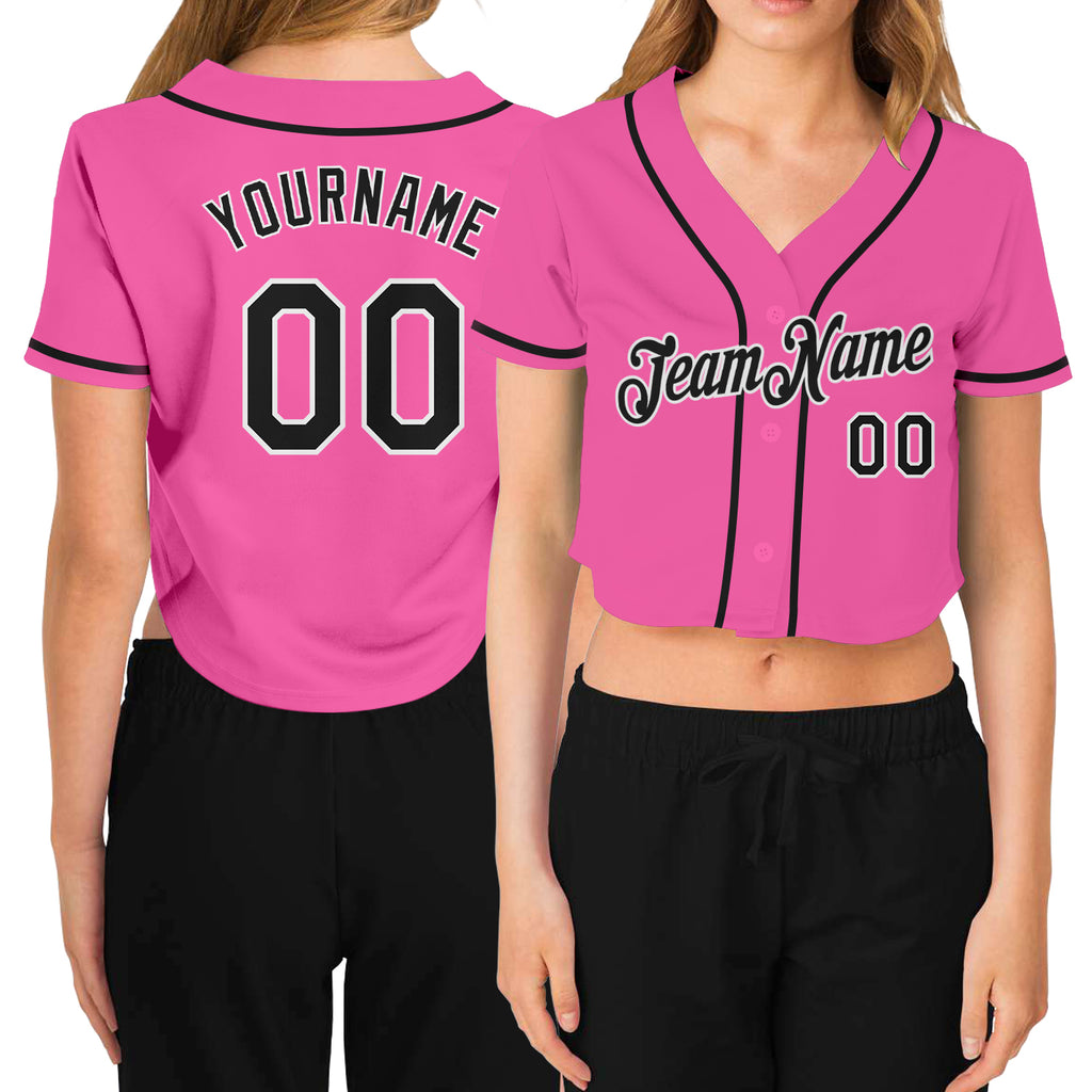 Custom Women's Pink Black-White V-Neck Cropped Baseball Jersey