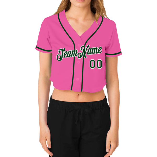 Custom Women's Pink Green-White V-Neck Cropped Baseball Jersey