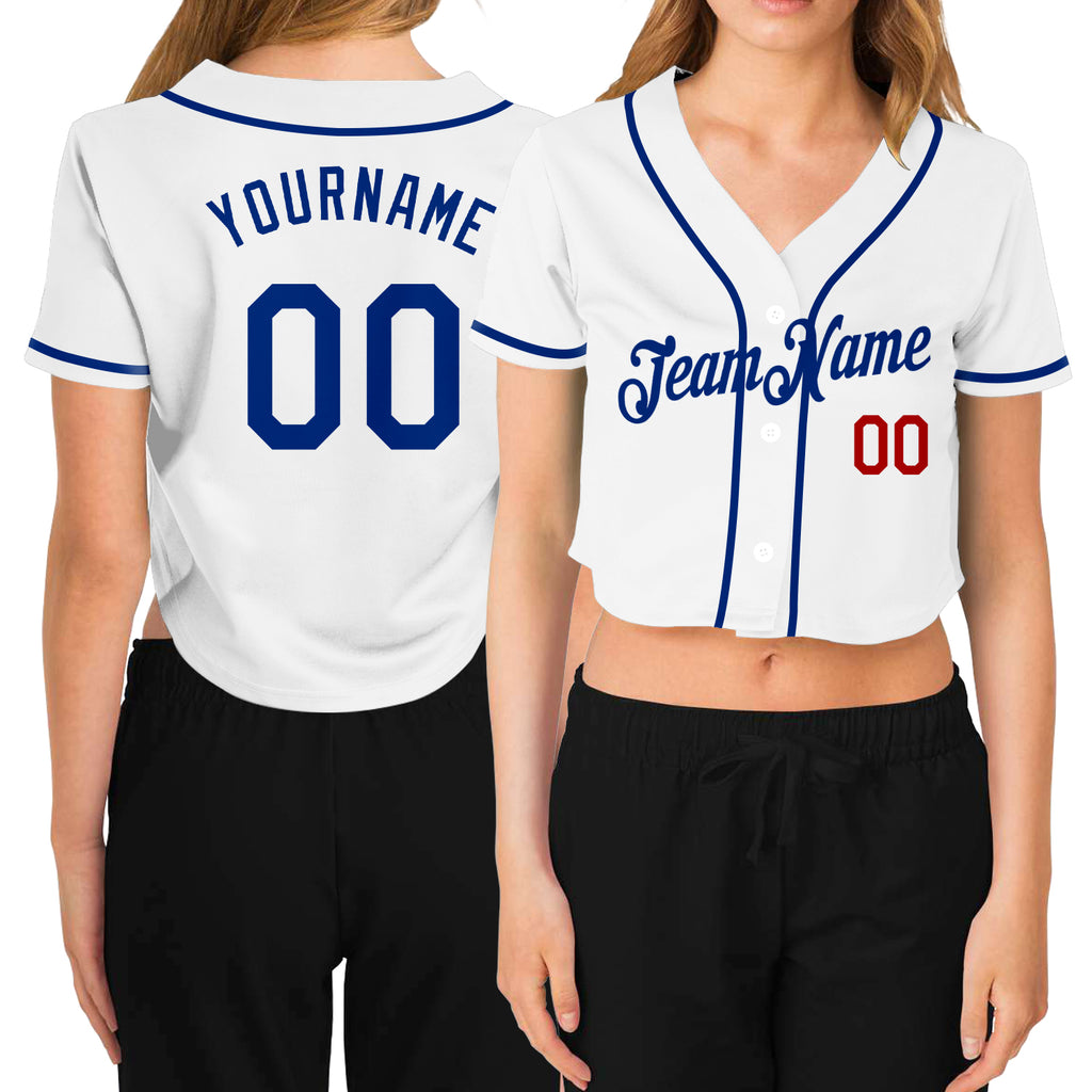 Custom Women's White Royal-Red V-Neck Cropped Baseball Jersey