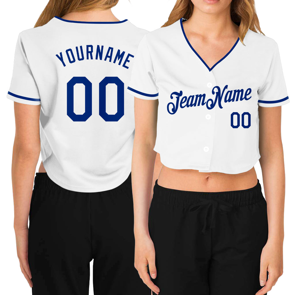 Custom Women's White Royal V-Neck Cropped Baseball Jersey