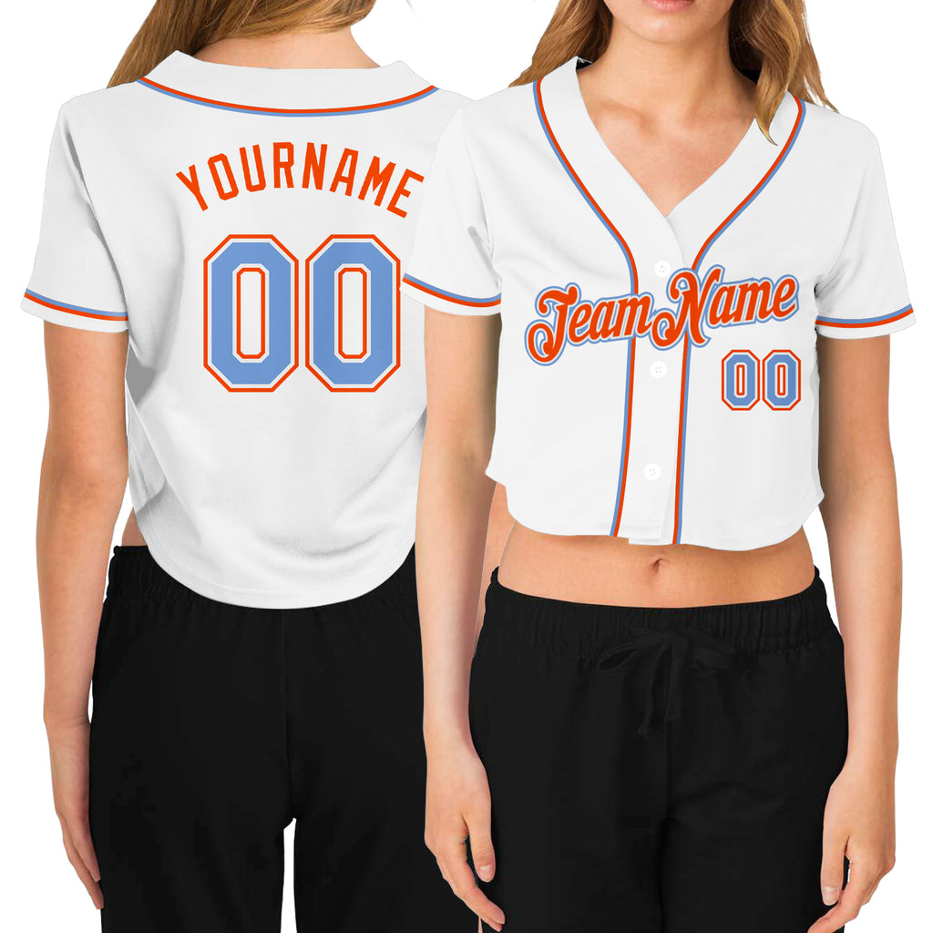 Custom Women's White Light Blue-Orange V-Neck Cropped Baseball Jersey