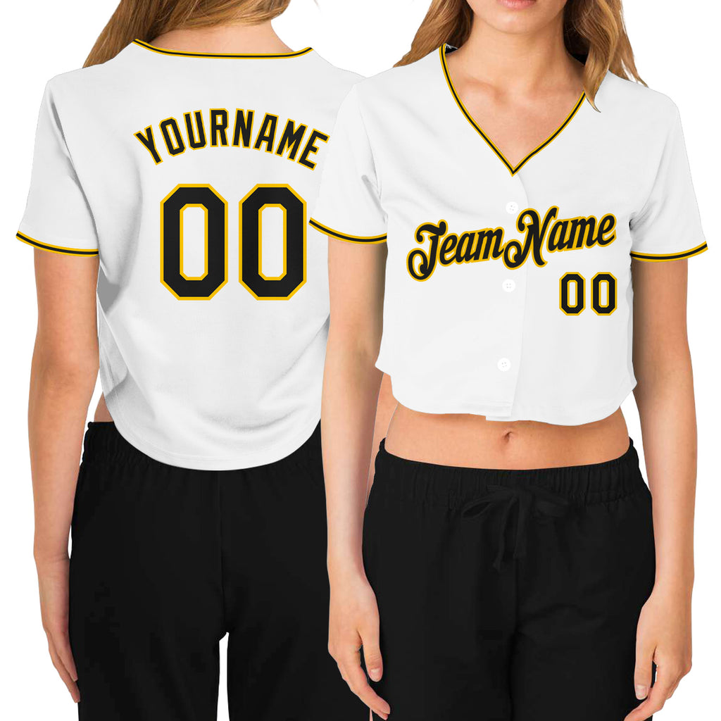 Custom Women's White Black-Gold V-Neck Cropped Baseball Jersey