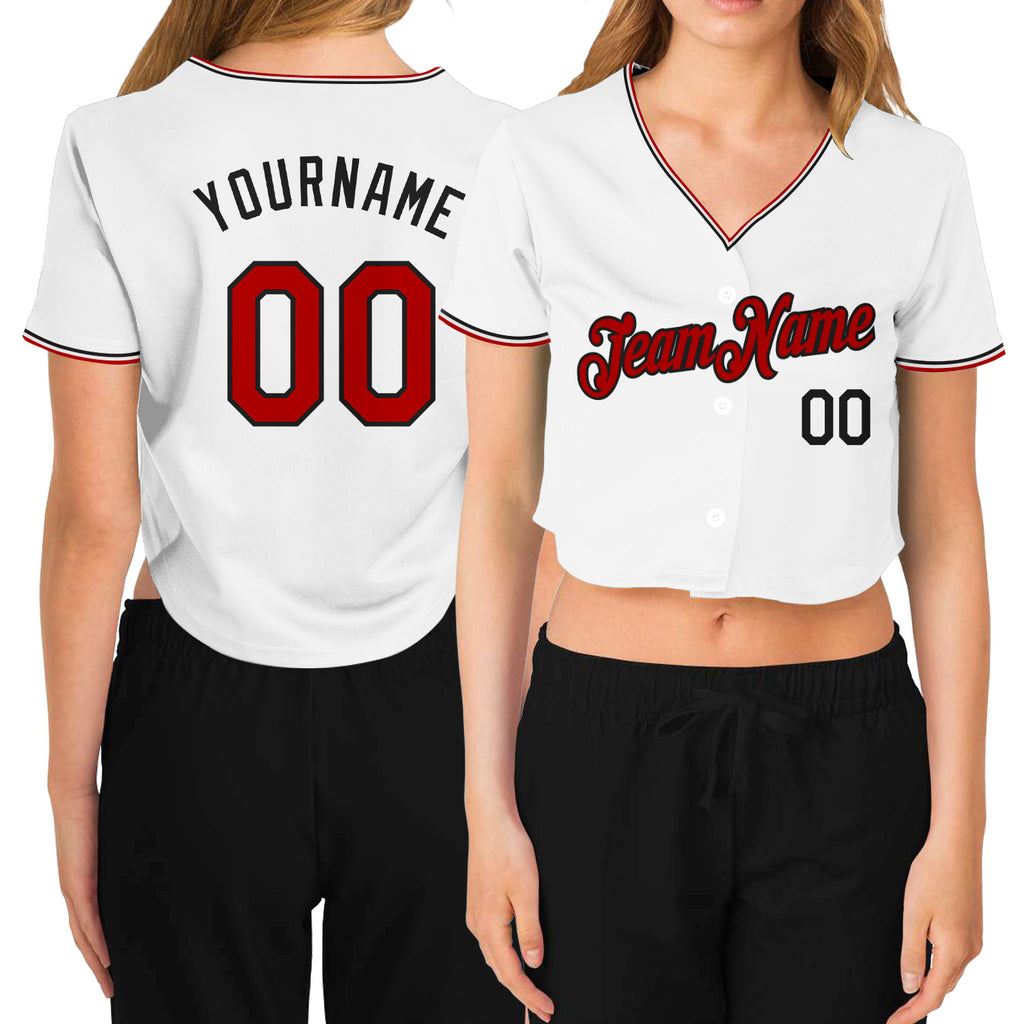 Custom Women's White Red-Black V-Neck Cropped Baseball Jersey