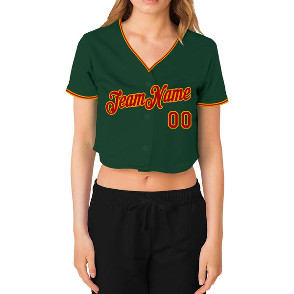 Custom Women's Green Red-Gold V-Neck Cropped Baseball Jersey