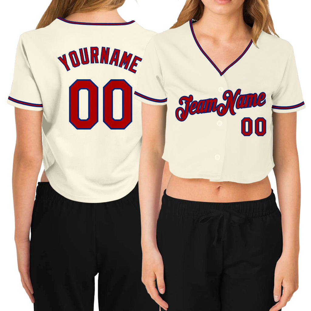 Custom Women's Cream Red-Royal V-Neck Cropped Baseball Jersey