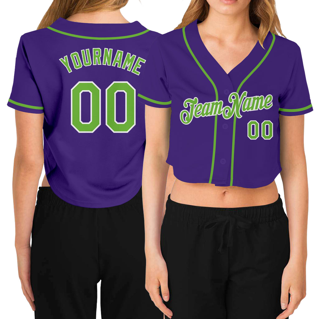 Custom Women's Purple Neon Green-White V-Neck Cropped Baseball Jersey