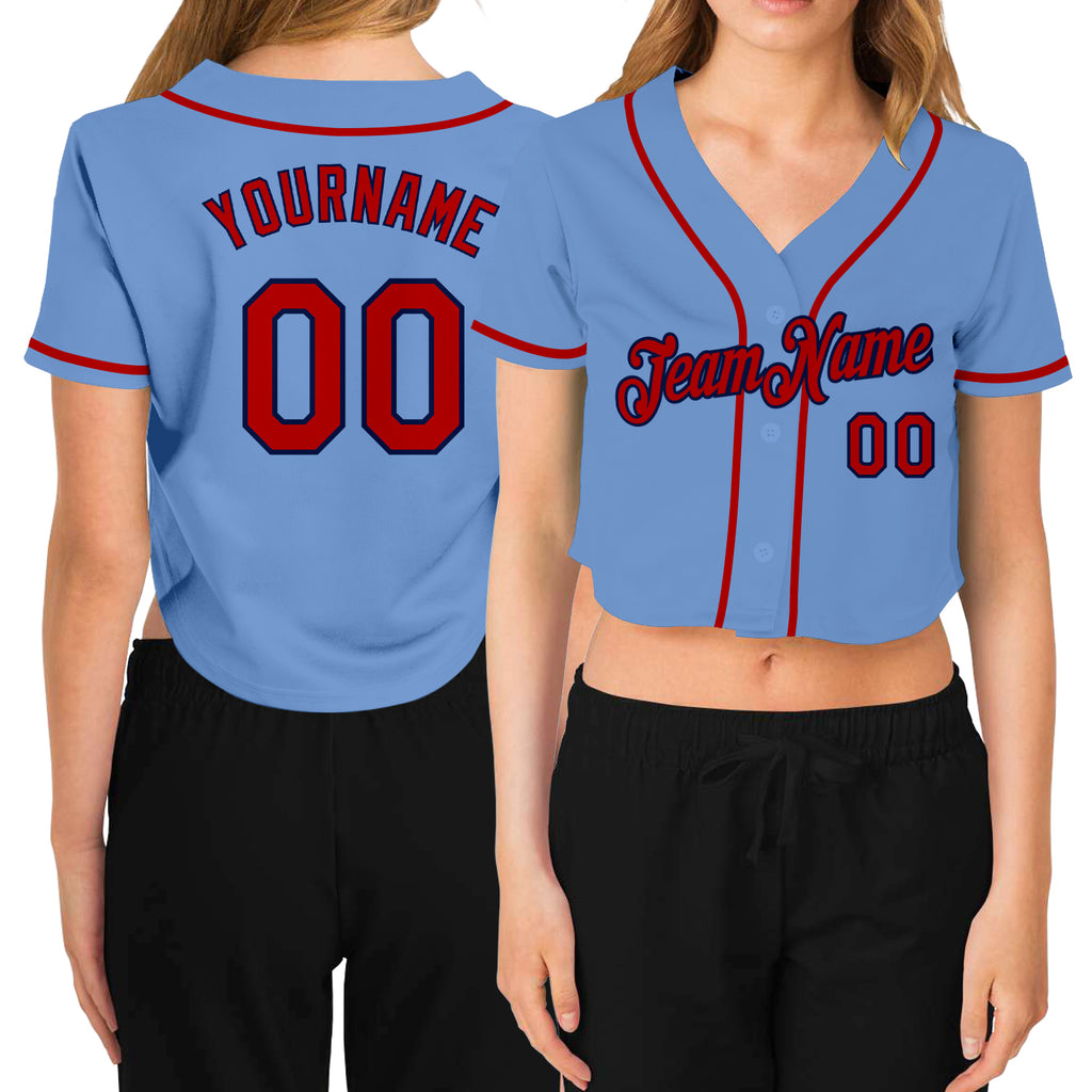 Custom Women's Light Blue Red-Navy V-Neck Cropped Baseball Jersey