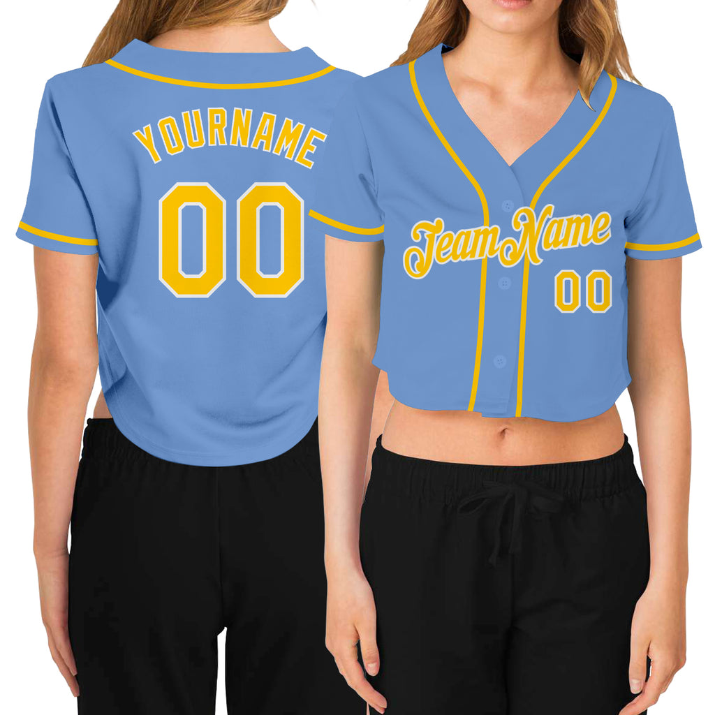 Custom Women's Light Blue Gold-White V-Neck Cropped Baseball Jersey