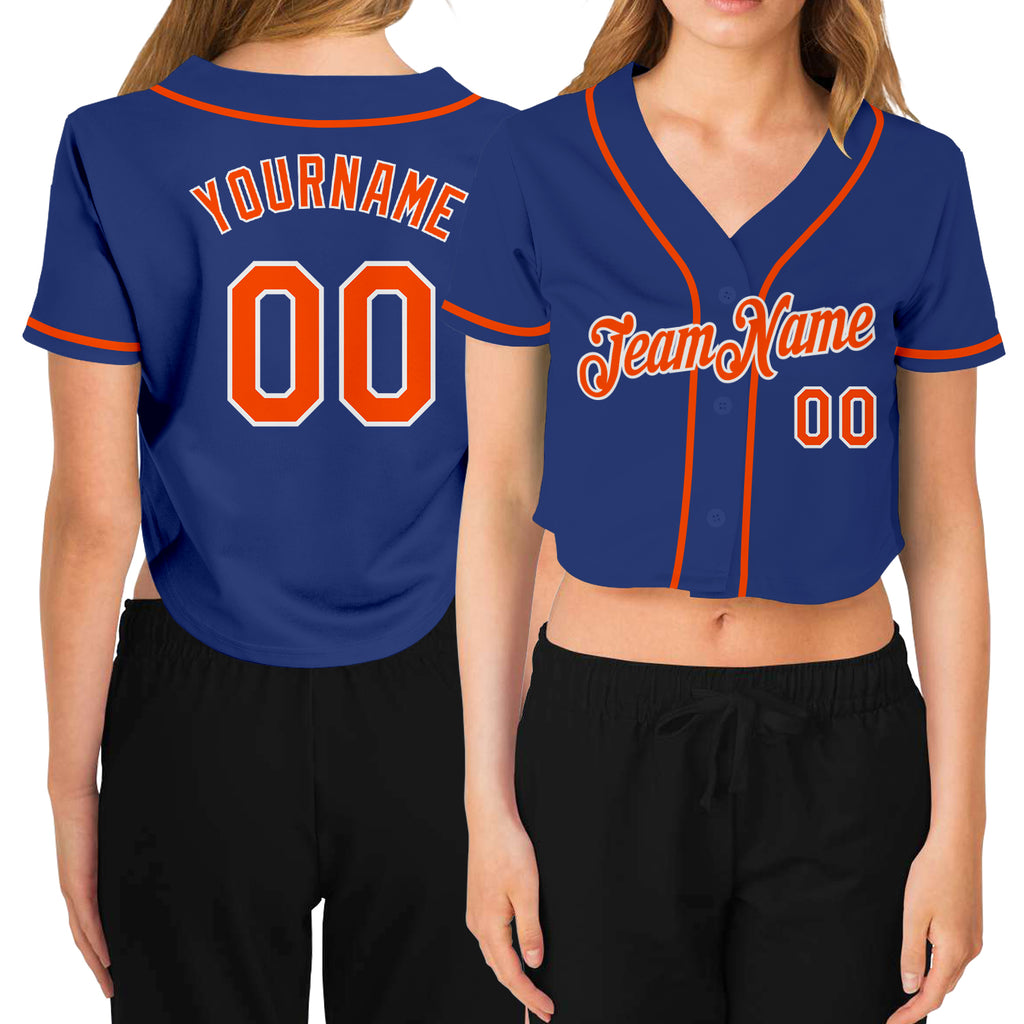 Custom Women's Royal Orange-White V-Neck Cropped Baseball Jersey