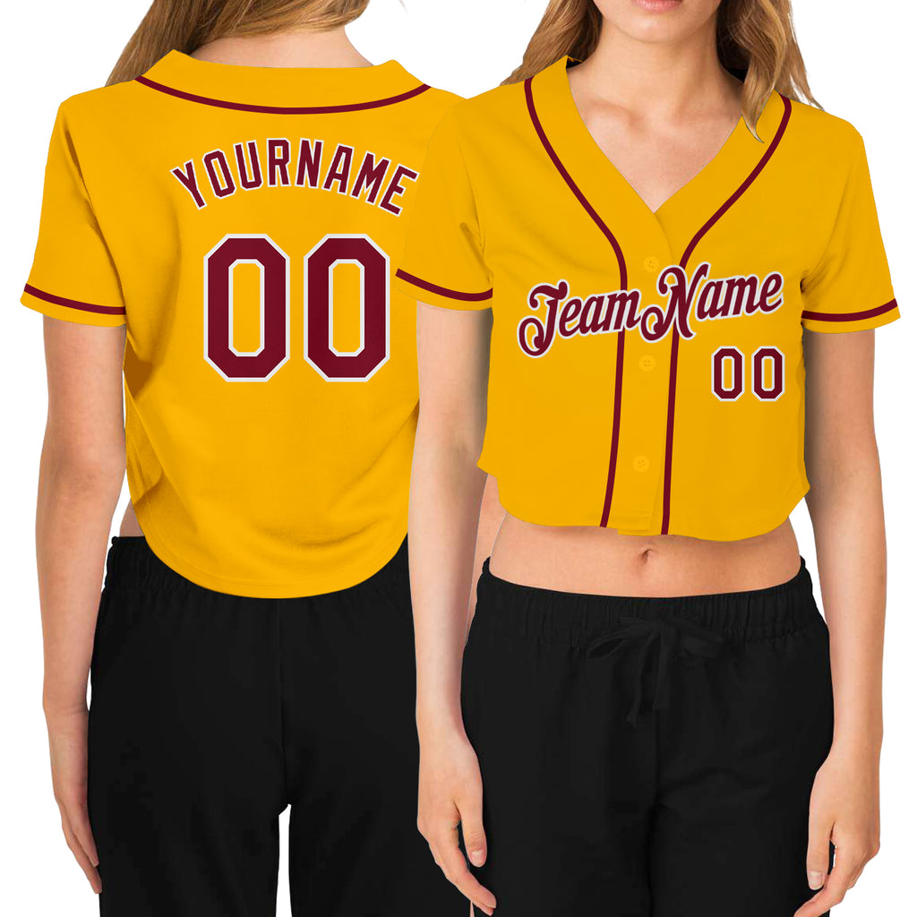 Custom Women's Gold Crimson-White V-Neck Cropped Baseball Jersey