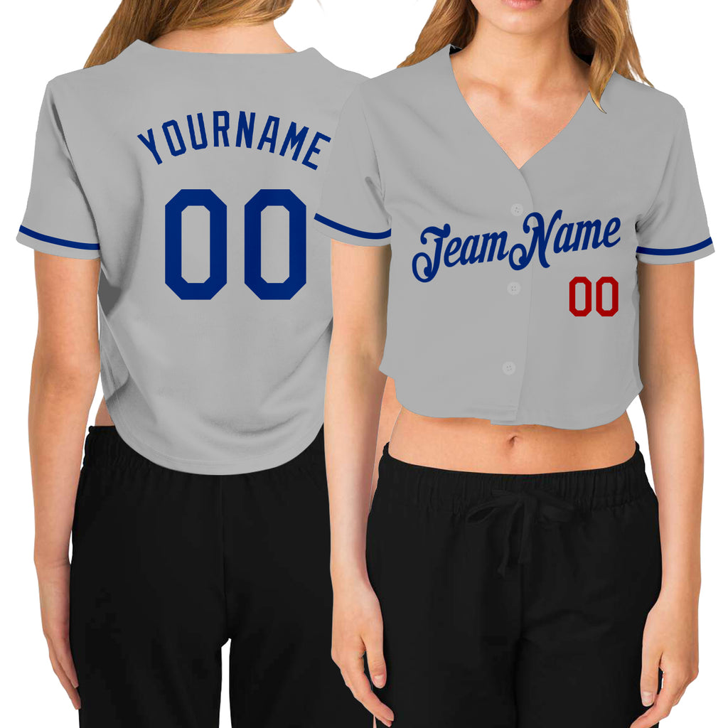 Custom Women's Gray Royal-Red V-Neck Cropped Baseball Jersey