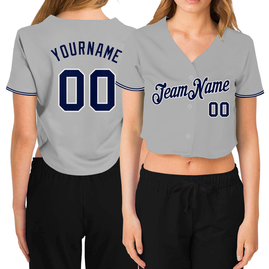 Custom Women's Gray Navy-White V-Neck Cropped Baseball Jersey