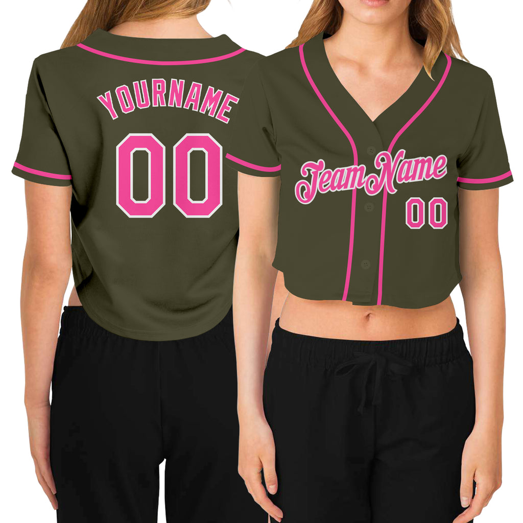 Custom Women's Olive Pink-White Salute To Service V-Neck Cropped Baseball Jersey