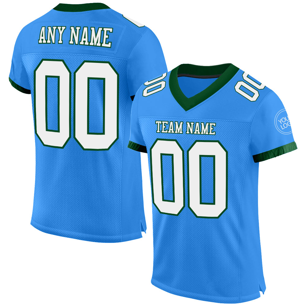 Custom Powder Blue White-Green Mesh Authentic Football Jersey