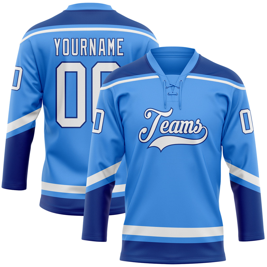 Custom Powder Blue White-Royal Hockey Lace Neck Jersey