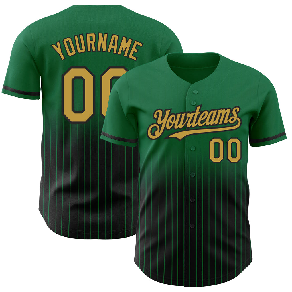 Custom Kelly Green Pinstripe Old Gold-Black Authentic Fade Fashion Baseball Jersey