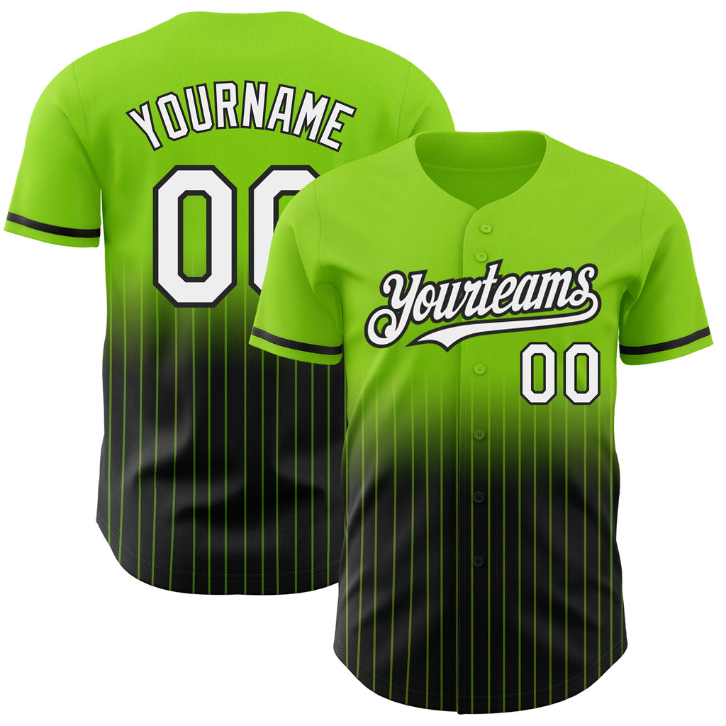 Custom Neon Green Pinstripe White-Black Authentic Fade Fashion Baseball Jersey