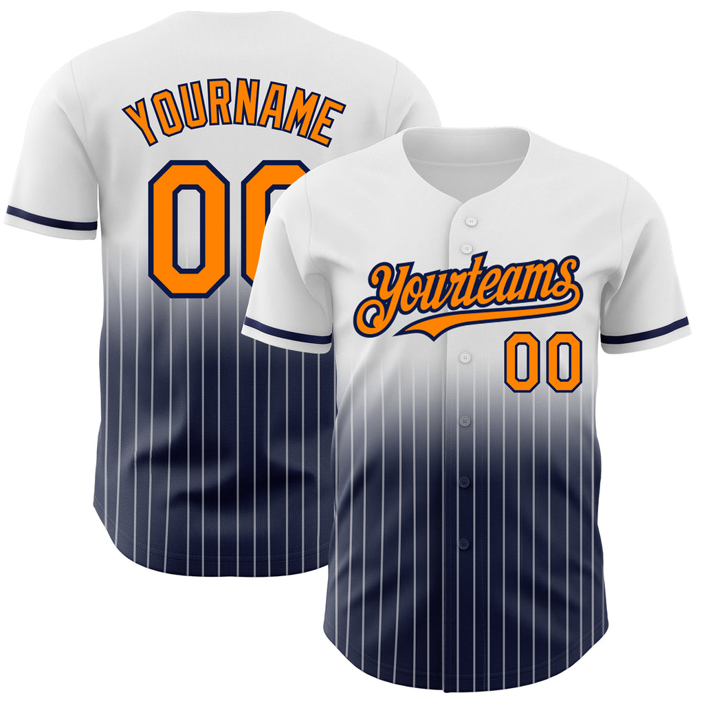 Custom White Pinstripe Bay Orange-Navy Authentic Fade Fashion Baseball Jersey