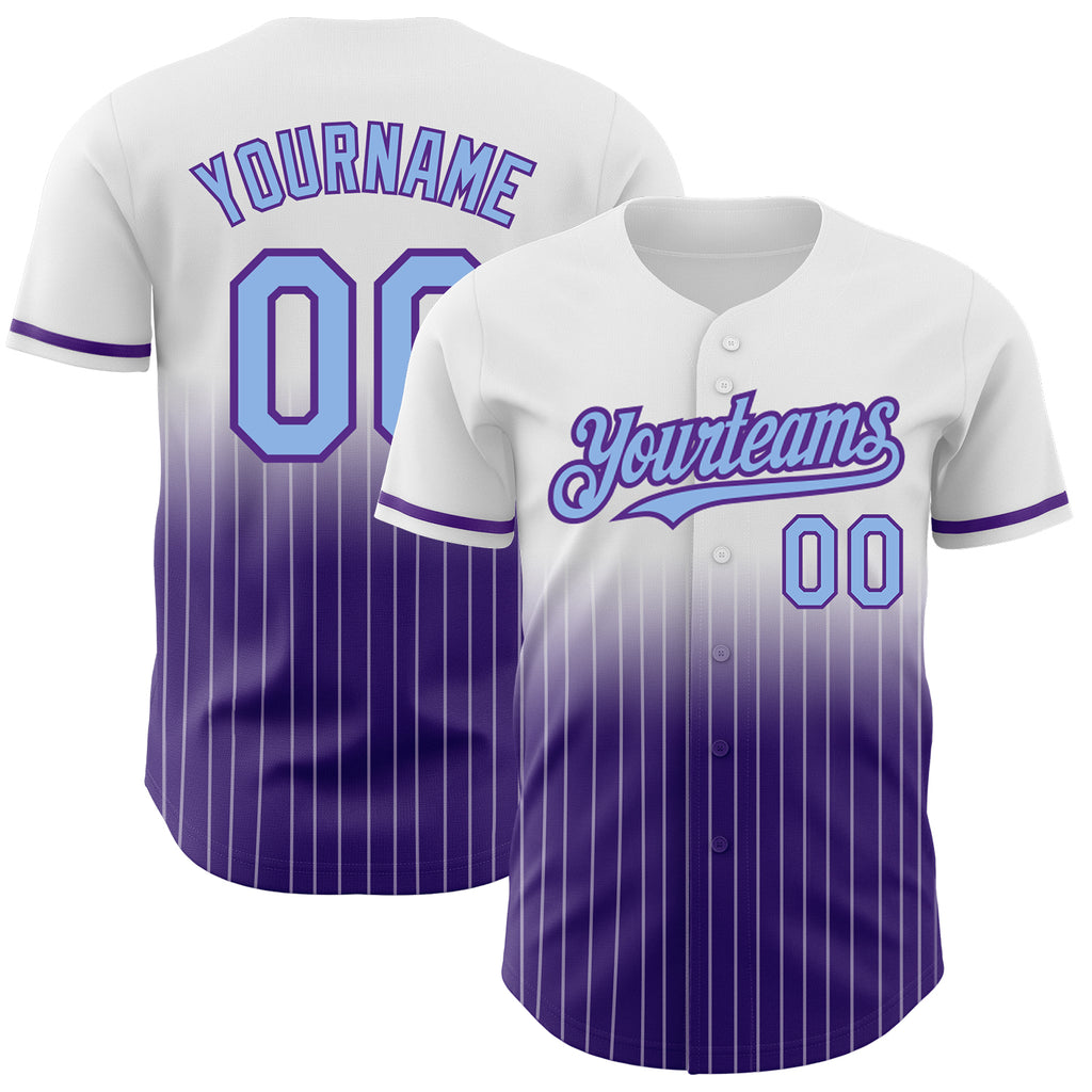 Custom White Pinstripe Light Blue-Purple Authentic Fade Fashion Baseball Jersey