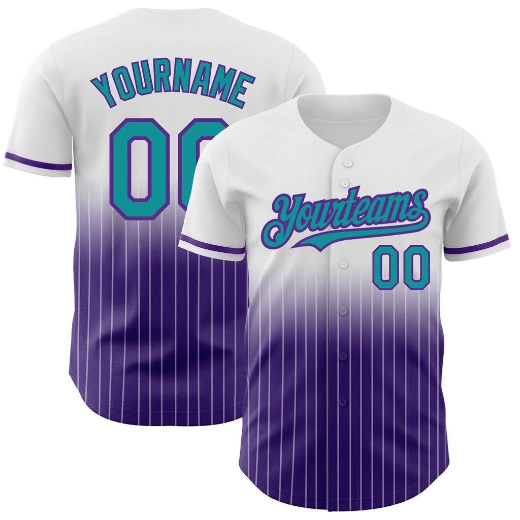 Custom White Pinstripe Teal-Purple Authentic Fade Fashion Baseball Jersey