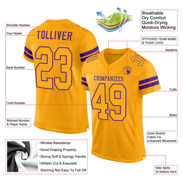 Custom Gold Gold-Purple Mesh Authentic Football Jersey