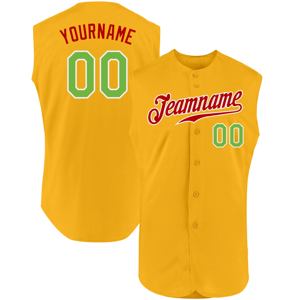 Custom Gold Neon Green-Red Authentic Sleeveless Baseball Jersey