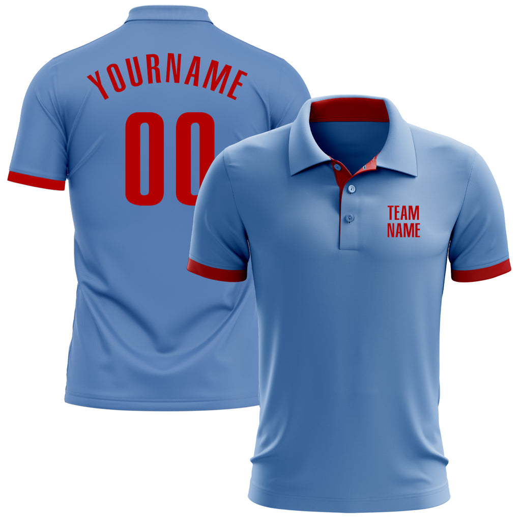 Custom Light Blue Red Performance Golf Polo Shirt