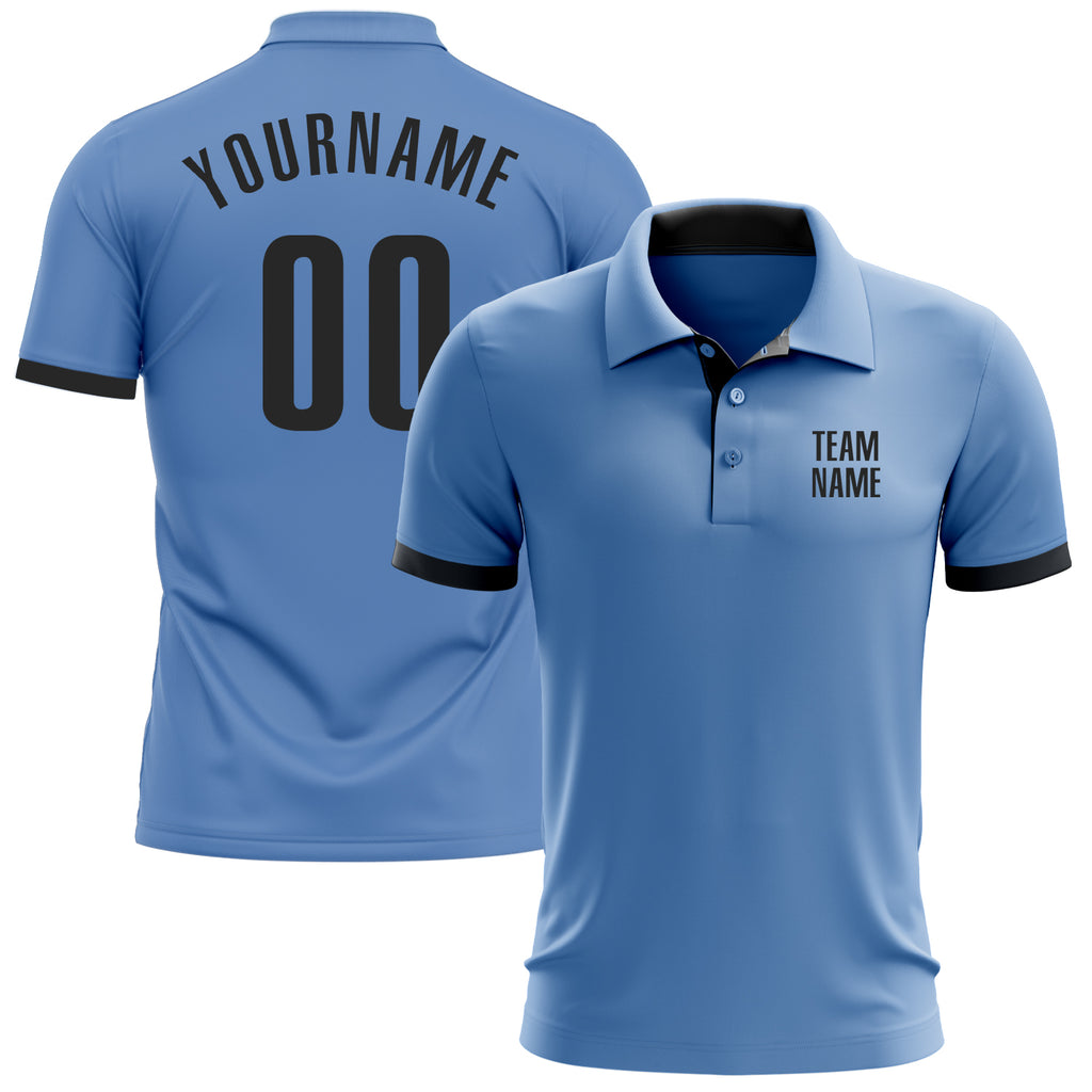 Custom Light Blue Black Performance Golf Polo Shirt