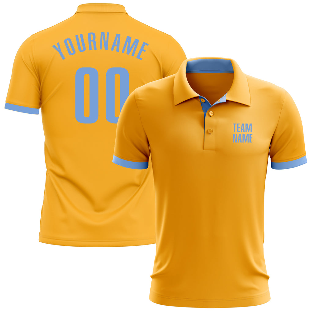 Custom Gold Light Blue Performance Golf Polo Shirt