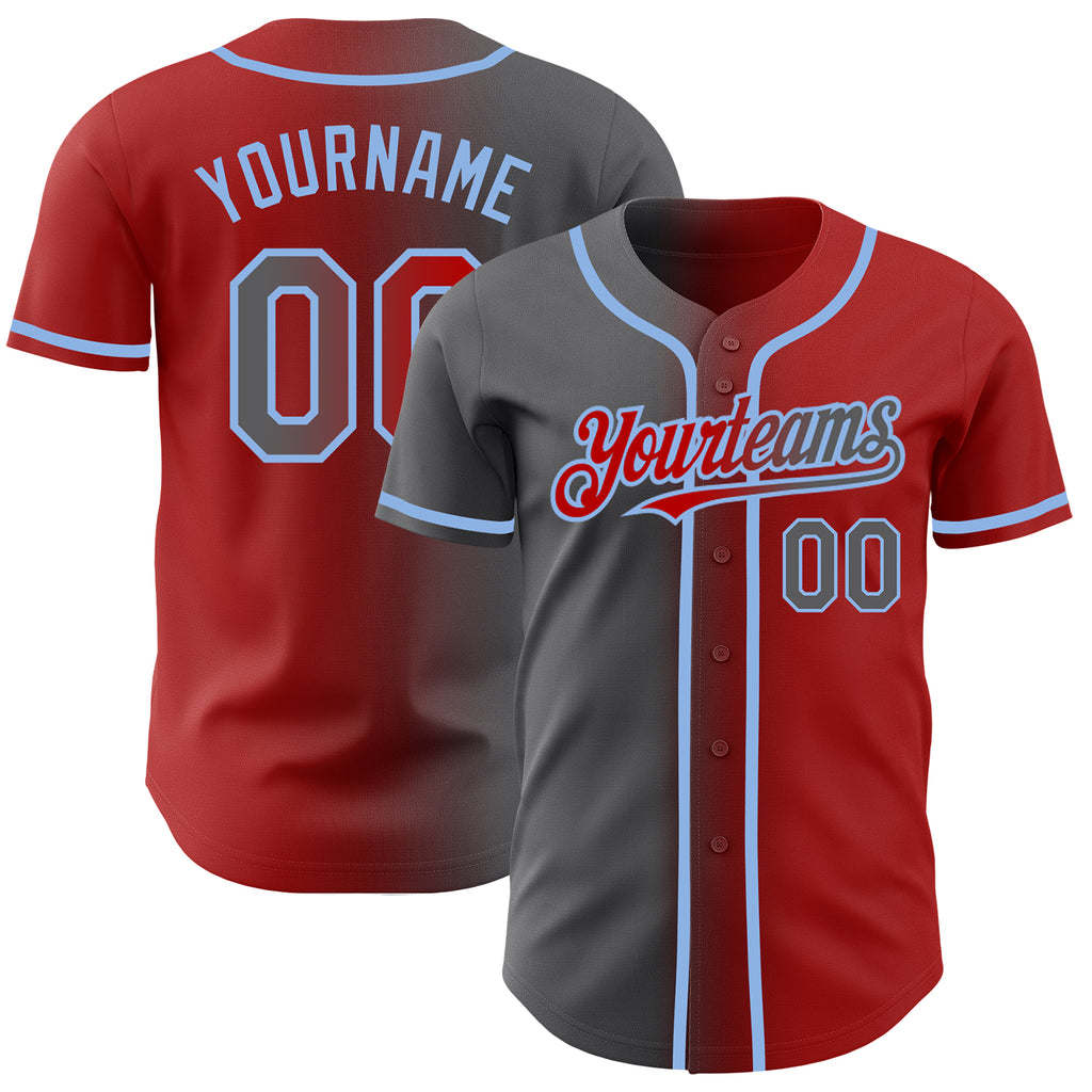 Custom Red Steel Gray-Light Blue Authentic Gradient Fashion Baseball Jersey