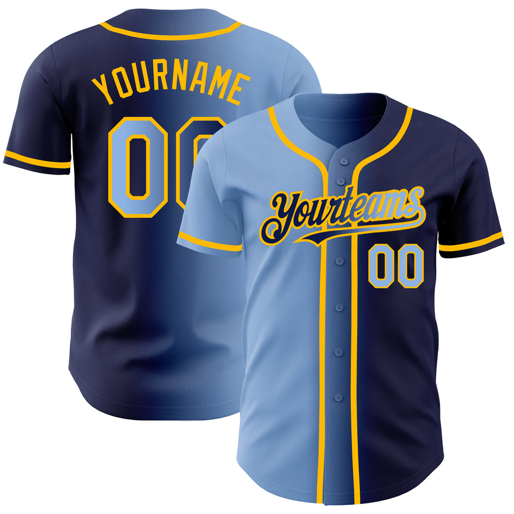 Custom Navy Light Blue-Gold Authentic Gradient Fashion Baseball Jersey