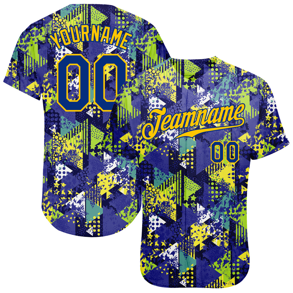 Custom Graffiti Pattern Royal-Gold 3D Creative Geometric Figures Triangle And Dots Authentic Baseball Jersey