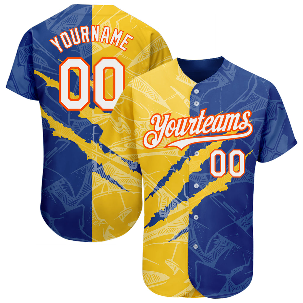 Custom Graffiti Pattern White Royal Yellow-Orange 3D Scratch Authentic Baseball Jersey