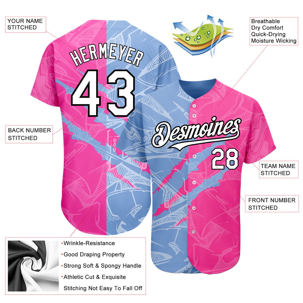 Cheap Custom White Light Blue Black-Pink Authentic Baseball Jersey