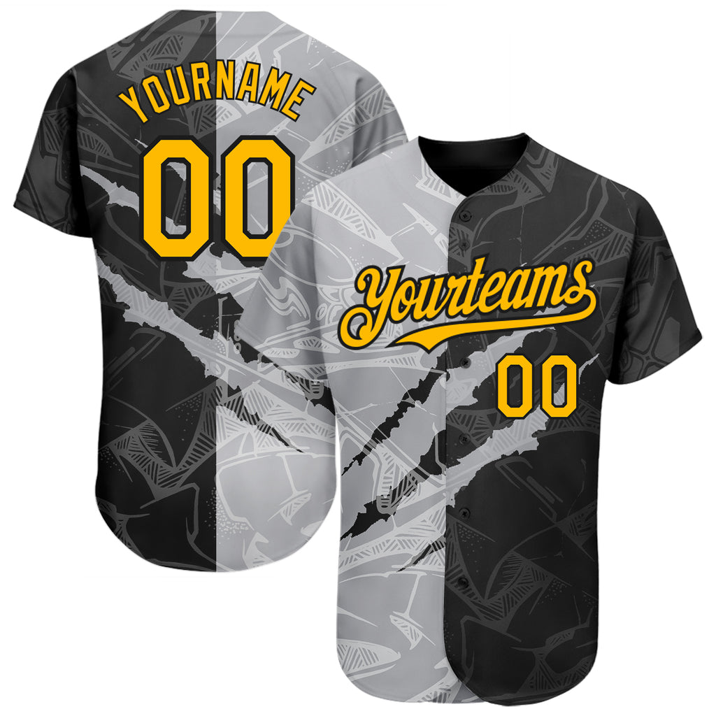 Custom Graffiti Pattern Gold Black-Gray 3D Scratch Authentic Baseball Jersey