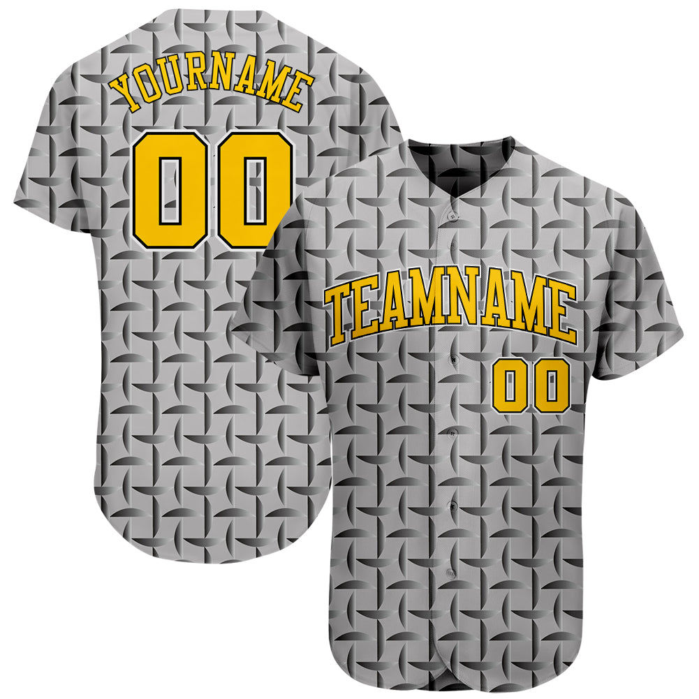 Custom Gray Gold-Black 3D Pattern Design Authentic Baseball Jersey