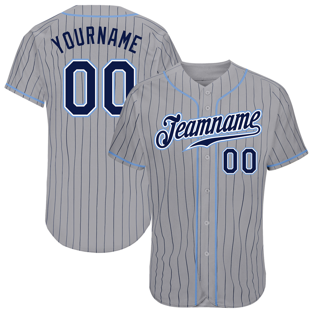 Custom Gray Navy Pinstripe Navy-Light Blue Authentic Baseball Jersey