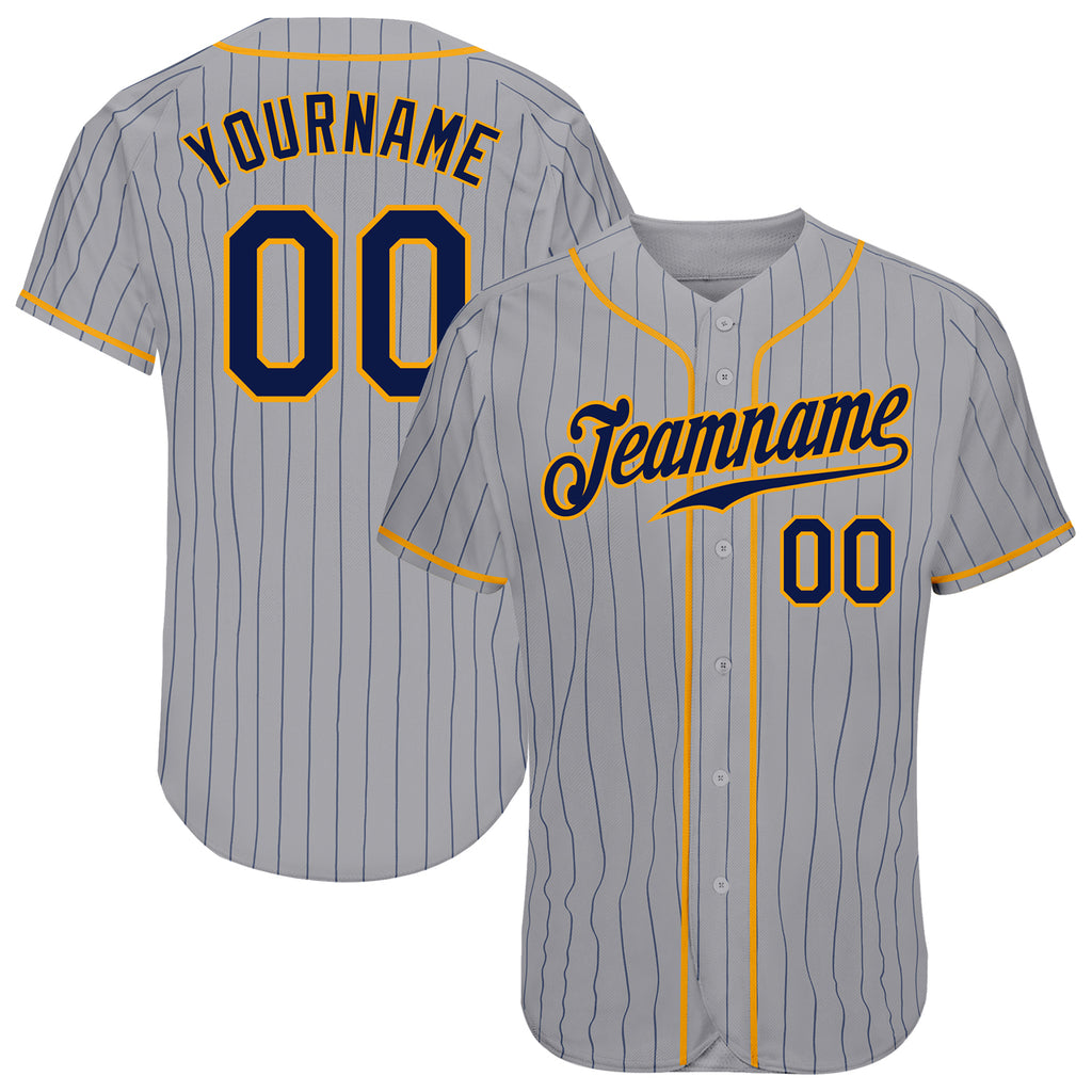 Custom Gray Navy Pinstripe Navy-Gold Authentic Baseball Jersey