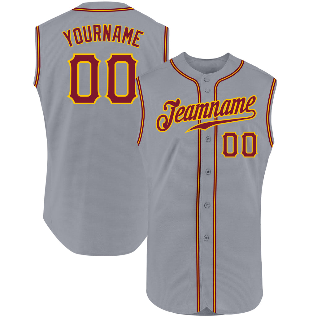 Custom Gray Crimson-Gold Authentic Sleeveless Baseball Jersey