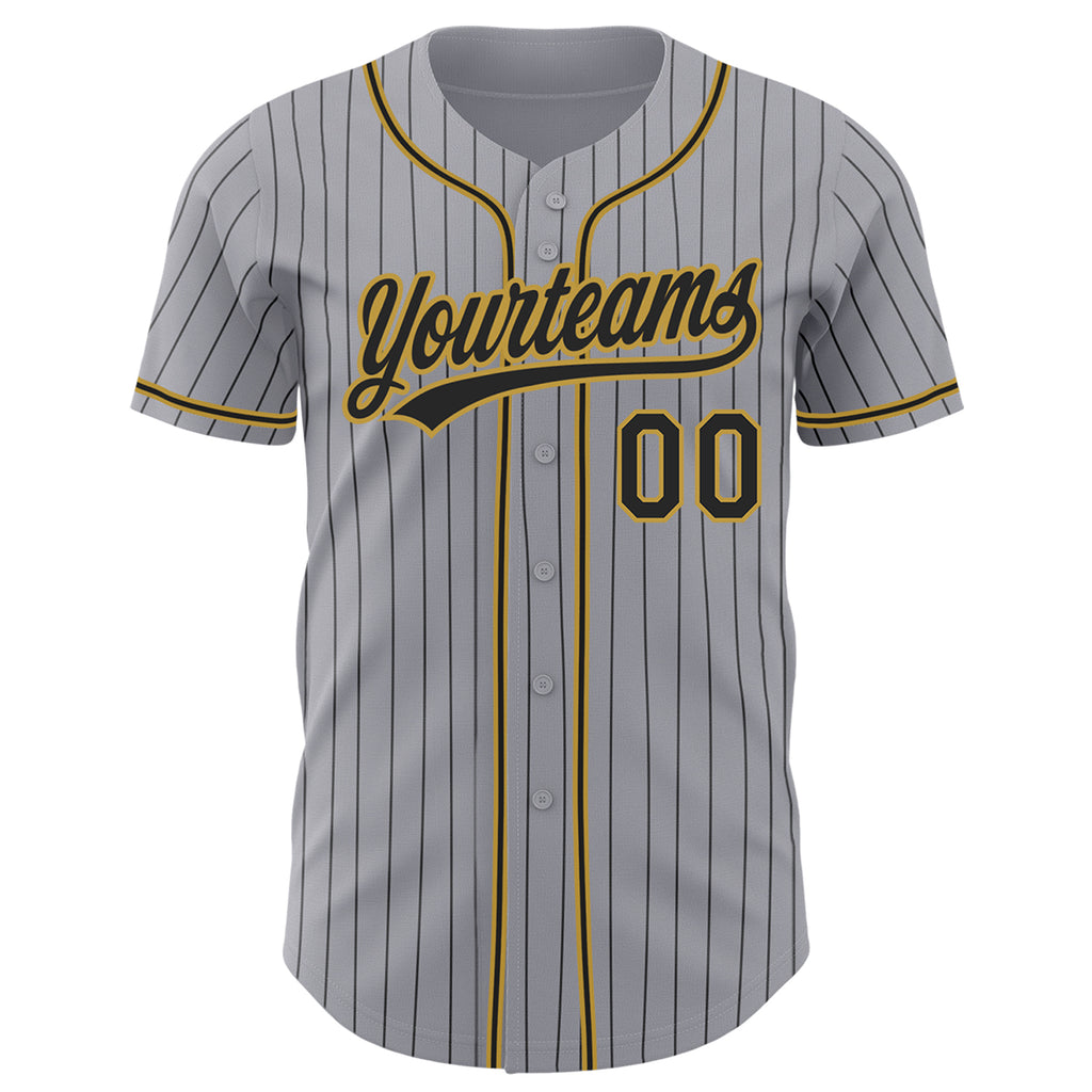 Custom Gray Black Pinstripe Black-Gold Authentic Baseball Jersey