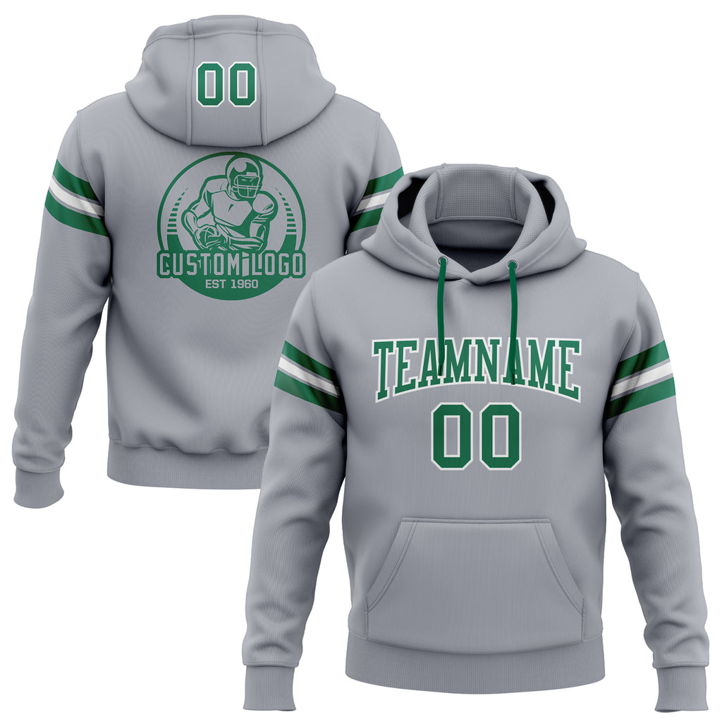 Custom Stitched Gray Kelly Green-White Football Pullover Sweatshirt Hoodie