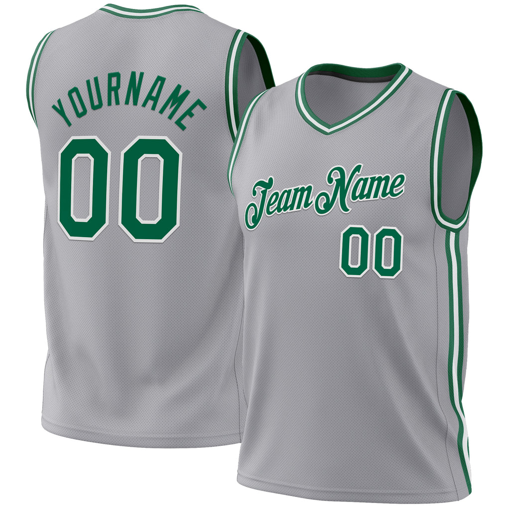 Custom Gray Kelly Green-White Authentic Throwback Basketball Jersey