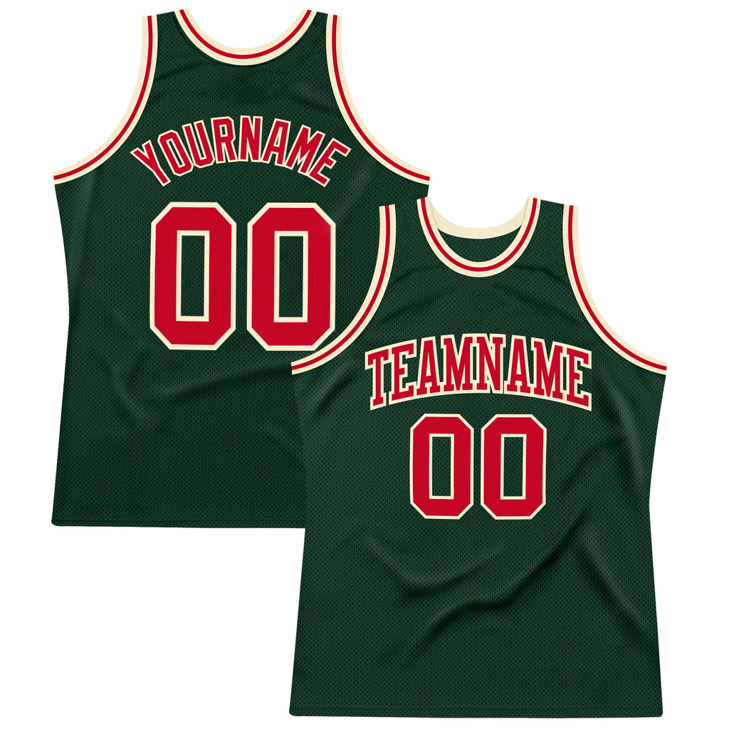 Custom Hunter Green Red-Cream Authentic Throwback Basketball Jersey