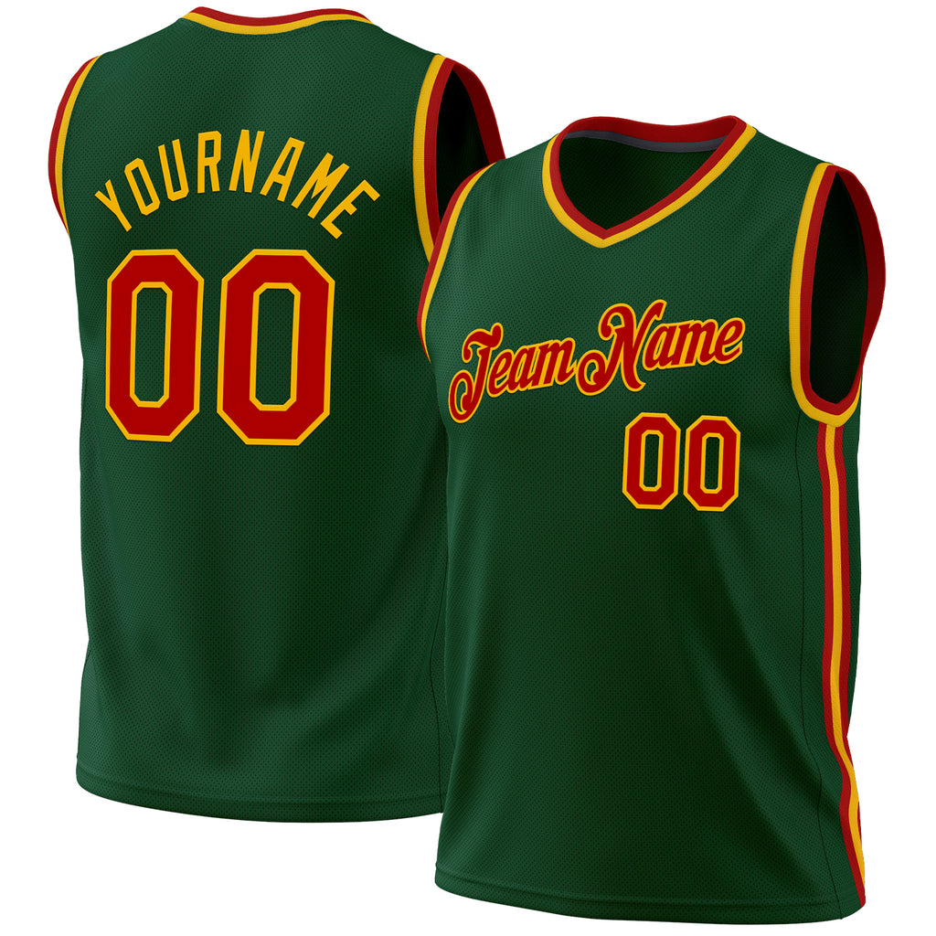 Custom Hunter Green Red-Gold Authentic Throwback Basketball Jersey