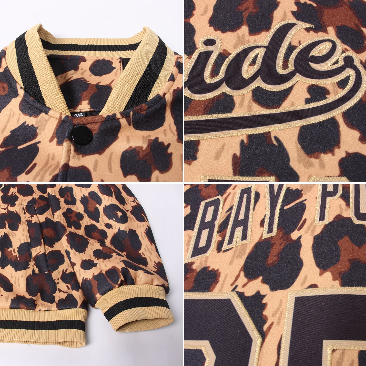 Custom Brown Black-Old Gold Leopard 3D Pattern Design Bomber Full-Snap Varsity Letterman Jacket