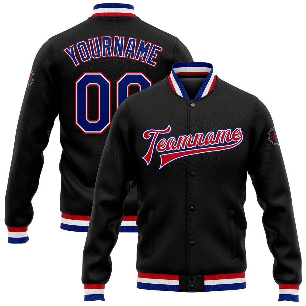 Custom Black Royal White-Red Bomber Full-Snap Varsity Letterman Jacket