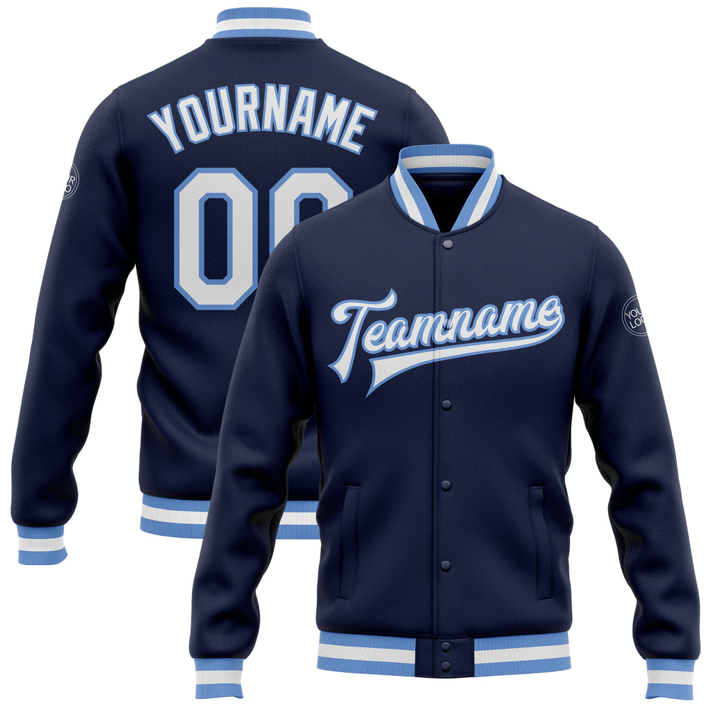 Custom Navy White-Light Blue Bomber Full-Snap Varsity Letterman Jacket