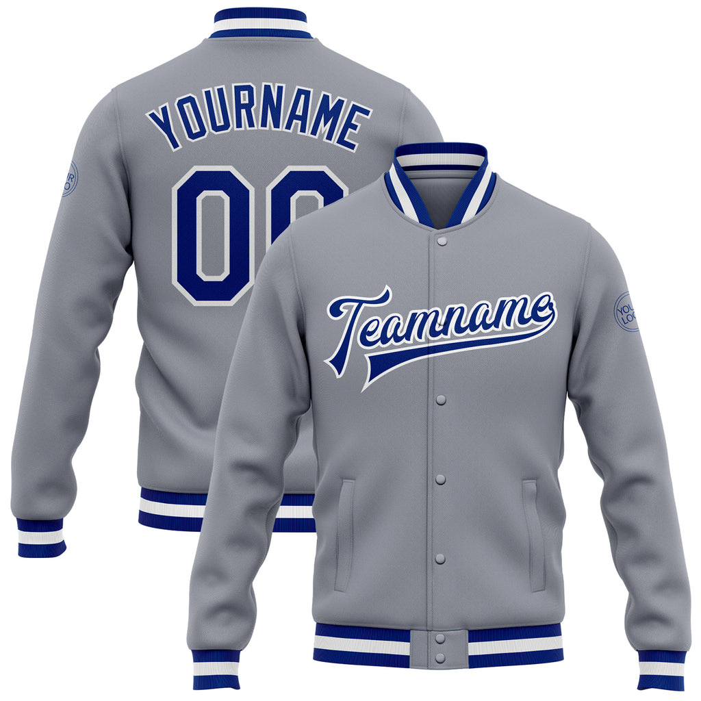 Custom Gray Royal-White Bomber Full-Snap Varsity Letterman Jacket