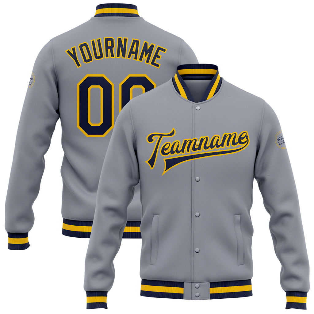 Custom Gray Navy-Gold Bomber Full-Snap Varsity Letterman Jacket