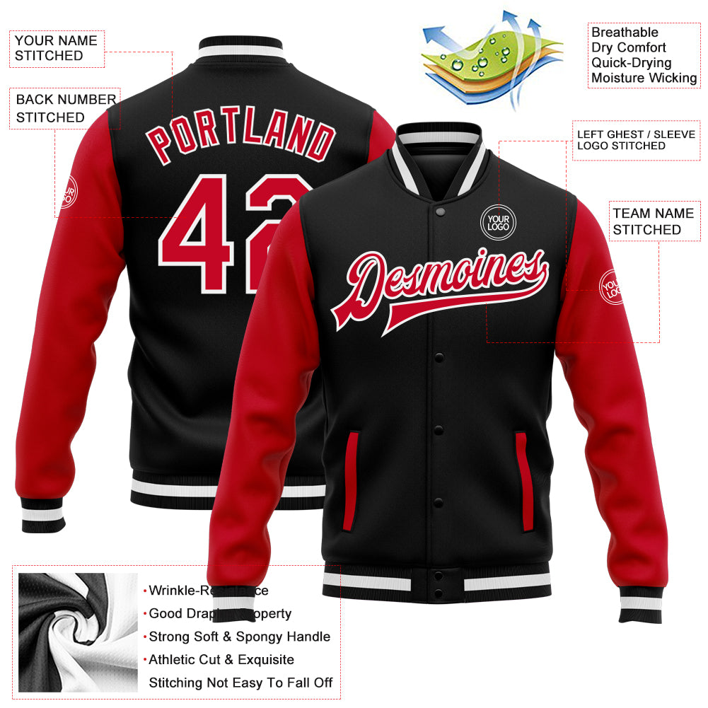 Custom Black Red-White Bomber Full-Snap Varsity Letterman Two Tone Jacket